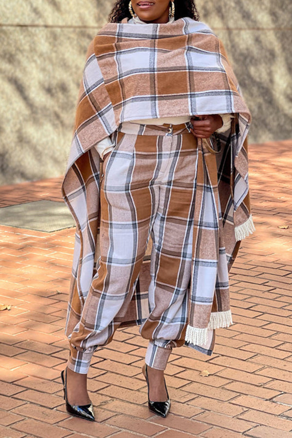 Stylish Plaid Fringe Trim Pants Poncho Set