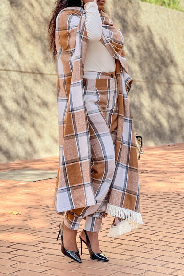 Stylish Plaid Fringe Trim Pants Poncho Set