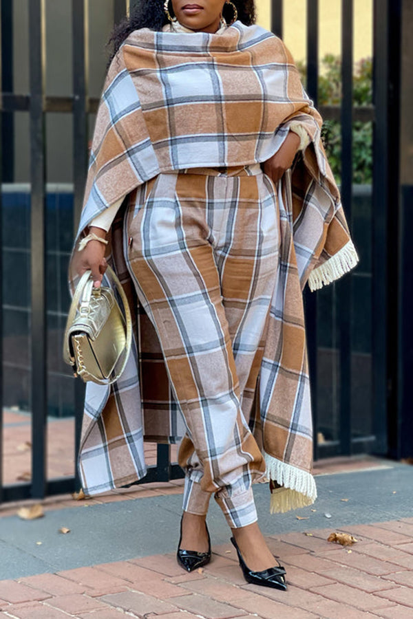 Stylish Plaid Fringe Trim Pants Poncho Set