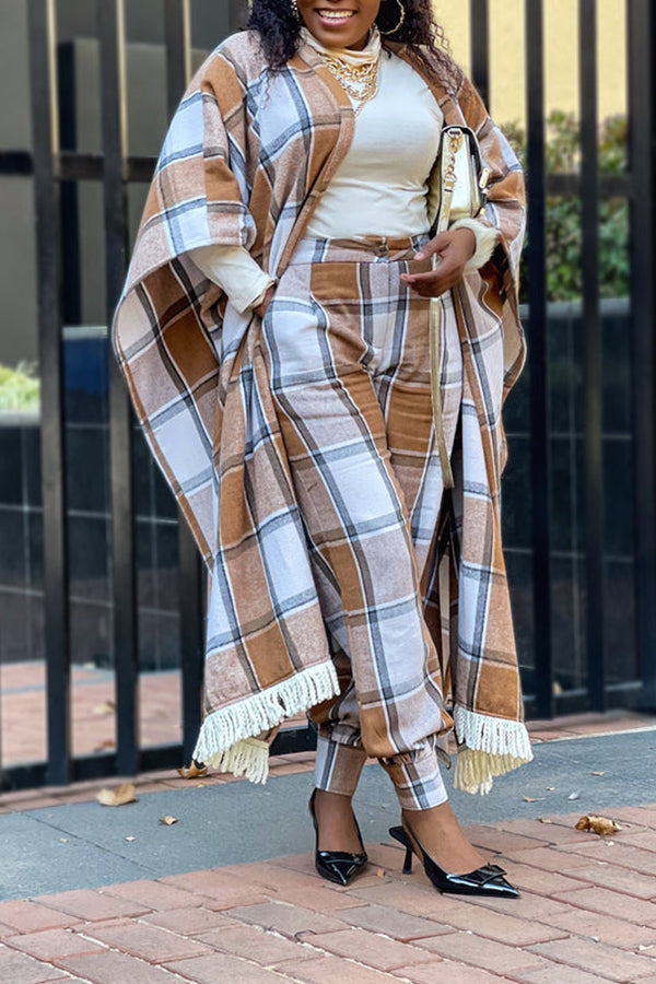 Stylish Plaid Fringe Trim Pants Poncho Set