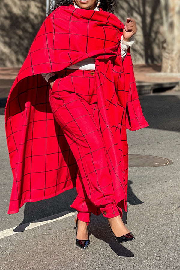 Stylish Plaid Pants Poncho Set