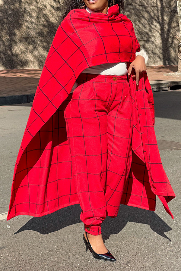 Stylish Plaid Pants Poncho Set