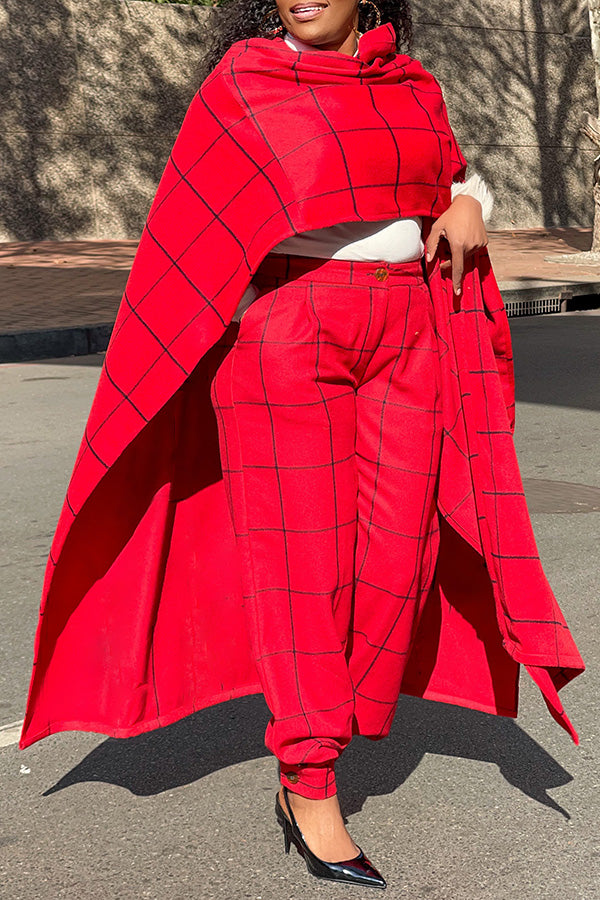 Stylish Plaid Pants Poncho Set