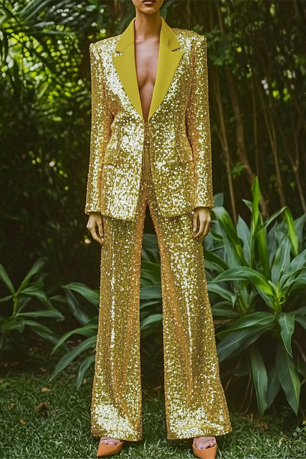 Formal Sequin Peak Collar Blazer & Pants Set