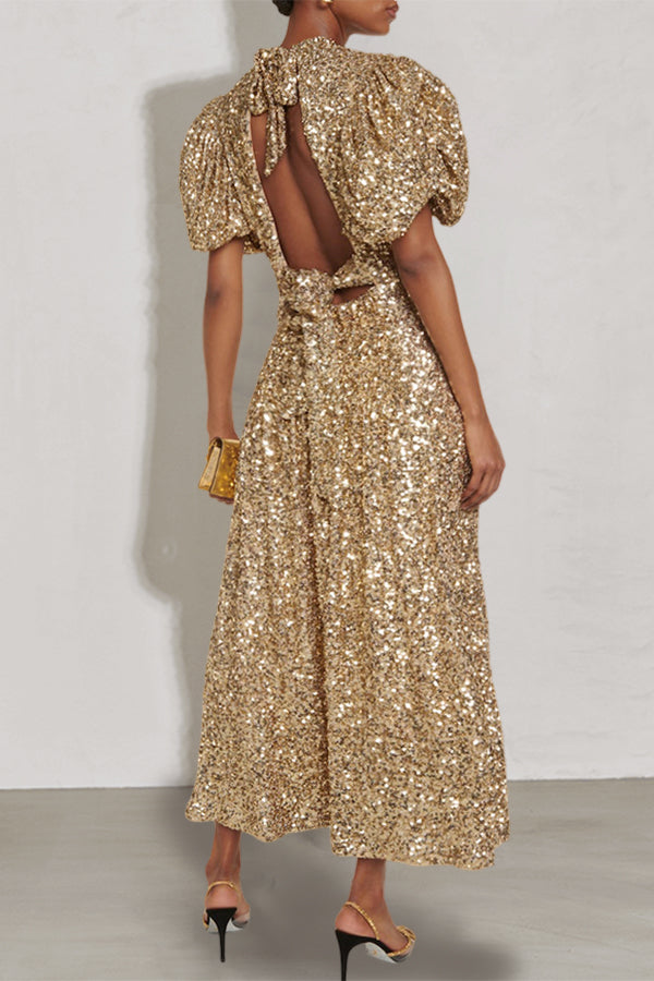 Stylish Puff Sleeve Open Back Sequin Dress