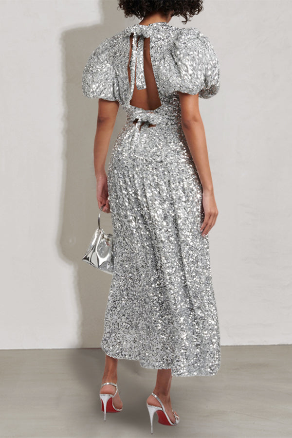 Stylish Puff Sleeve Open Back Sequin Dress