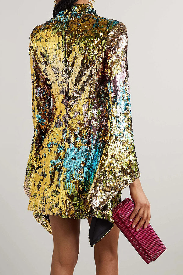 Multicolor High Neck Flare Sleeve Sequin Dress