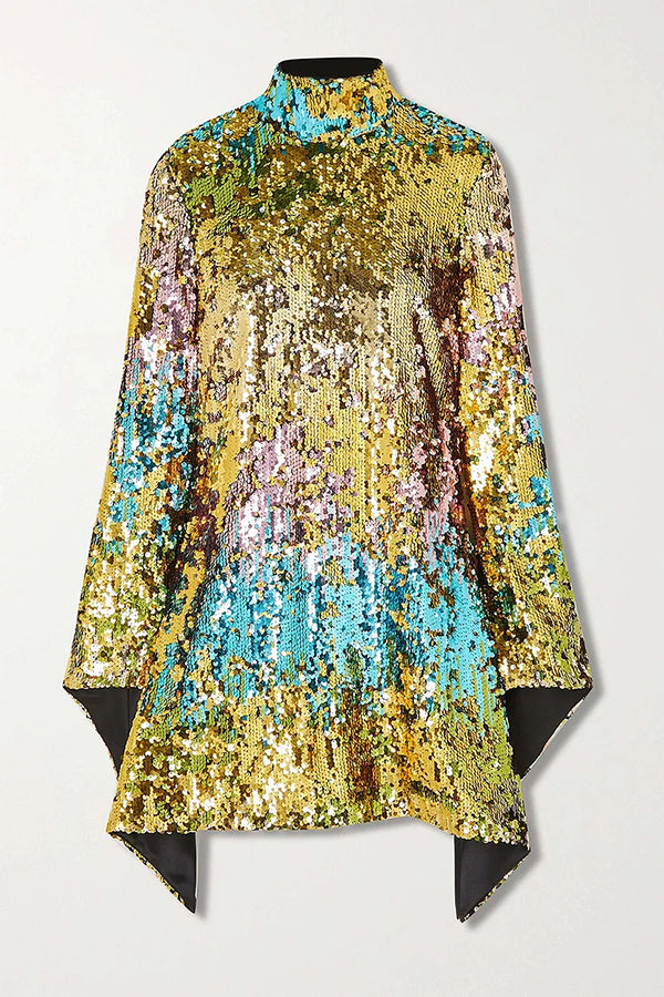 Multicolor High Neck Flare Sleeve Sequin Dress