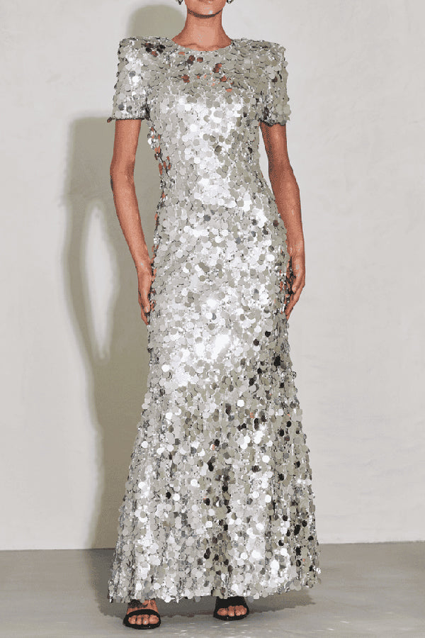 Elegant Padded Shoulders Sequin Gown