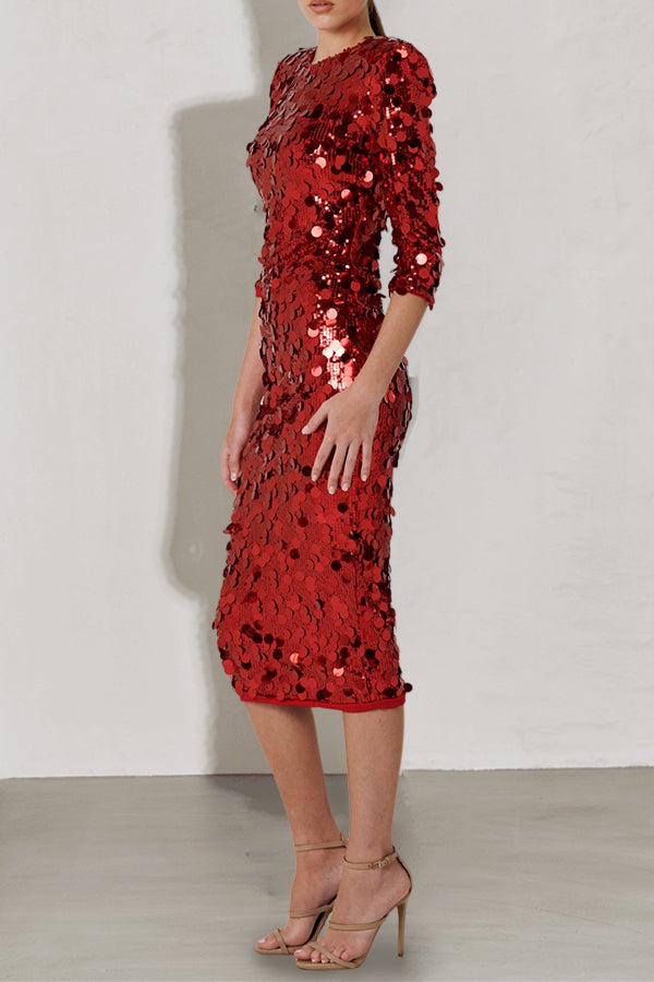 Elegant Padded Shoulders Sequin Midi Dress