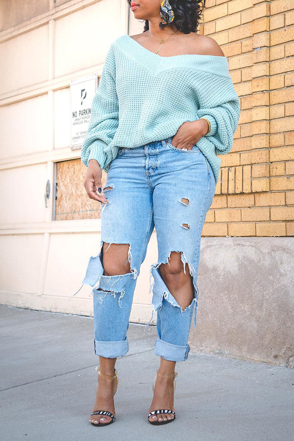 Casual Waffle Knit Off Shoulder Sweater