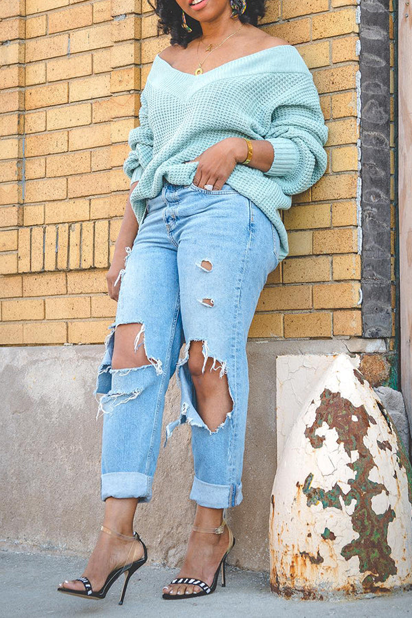 Casual Waffle Knit Off Shoulder Sweater