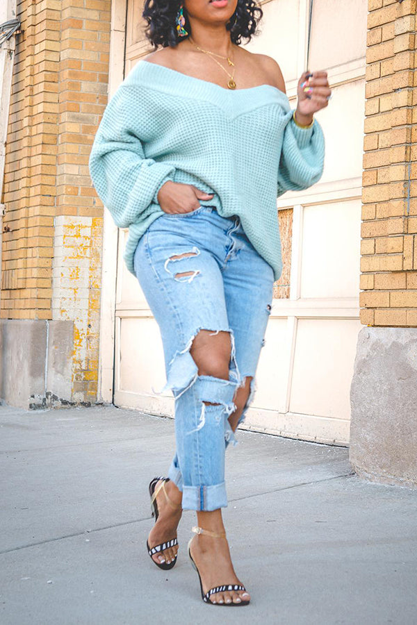 Casual Waffle Knit Off Shoulder Sweater