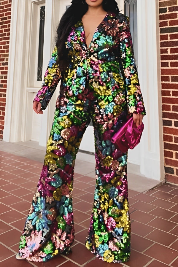 Colorful Sequin Blazer Two Pieces Set