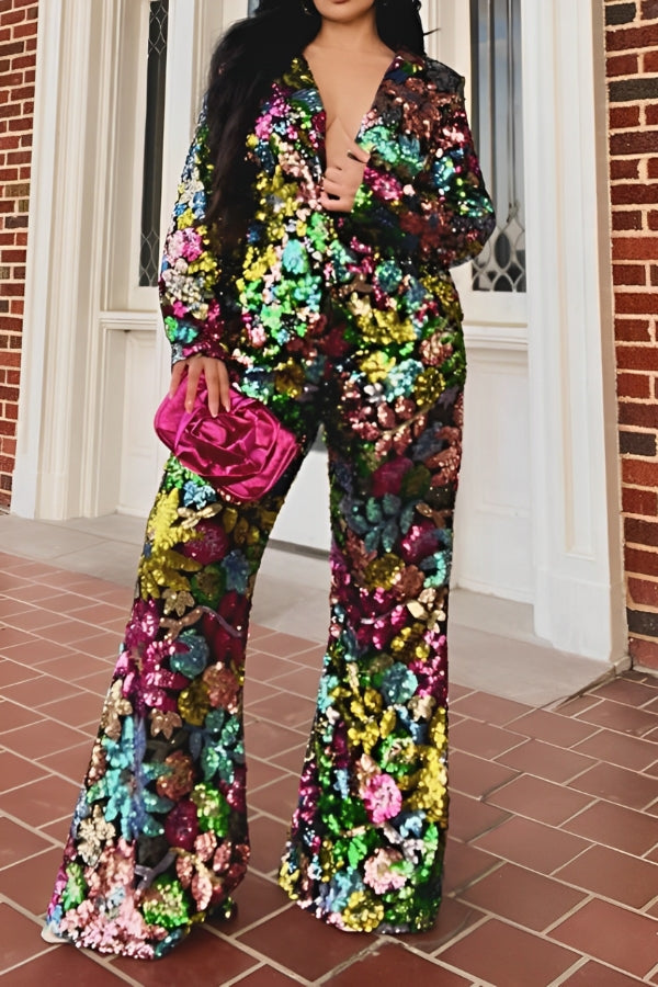 Colorful Sequin Blazer Two Pieces Set