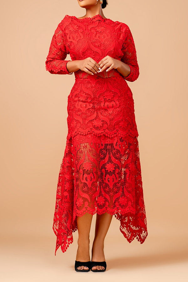 Gorgeous 3/4 Sleeve Lace Asymmetrical Hem Dress