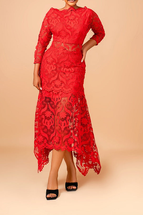 Gorgeous 3/4 Sleeve Lace Asymmetrical Hem Dress