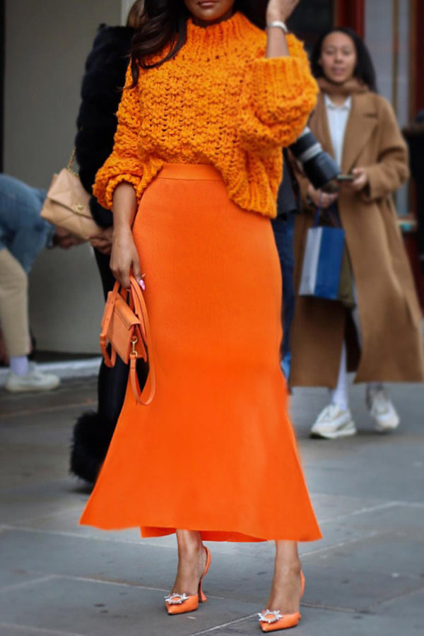 Stylish Solid Color Knit Maxi Skirt