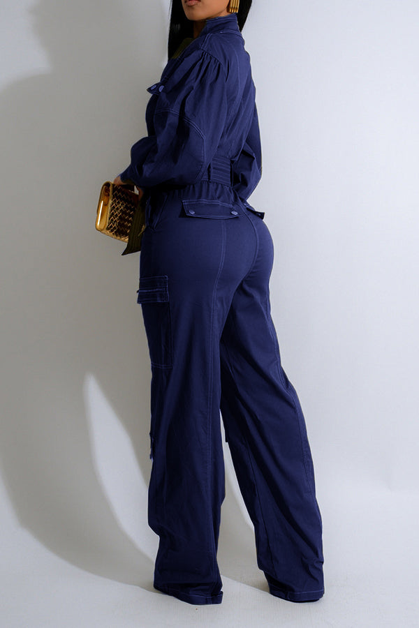 Chic Lantern Sleeve Front Zip Belted Cargo Jumpsuit