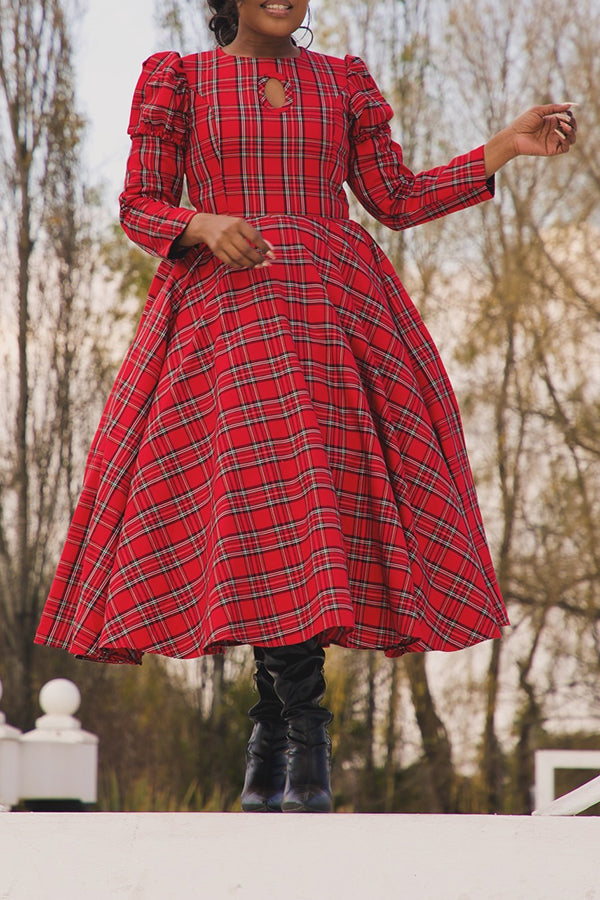 Elegant Plaid Keyhole Neck A-line Dress