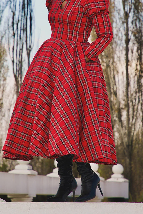 Elegant Plaid Keyhole Neck A-line Dress