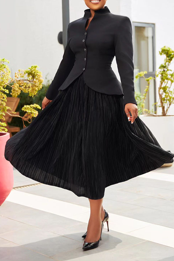 Chic Notch Neck Top & Pleated Skirt Set