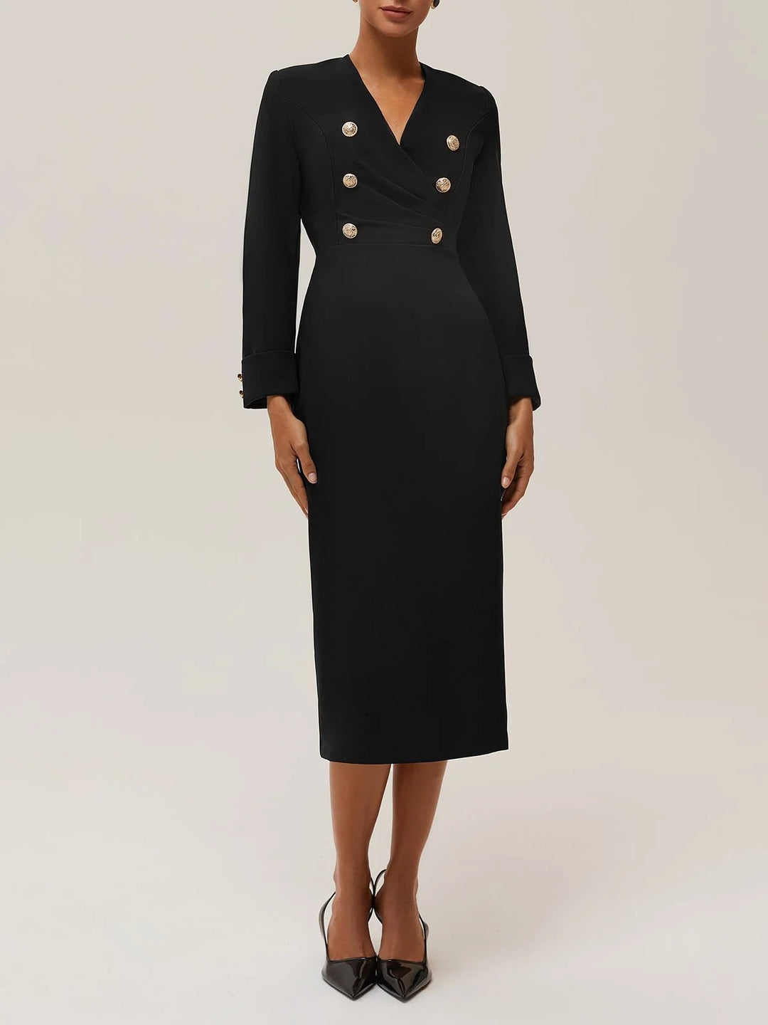 Chic V Neck Long Sleeve Sheath Blazer Midi Dress