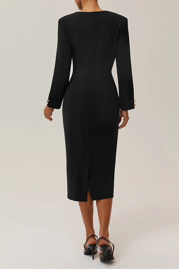 Chic V Neck Long Sleeve Sheath Blazer Midi Dress