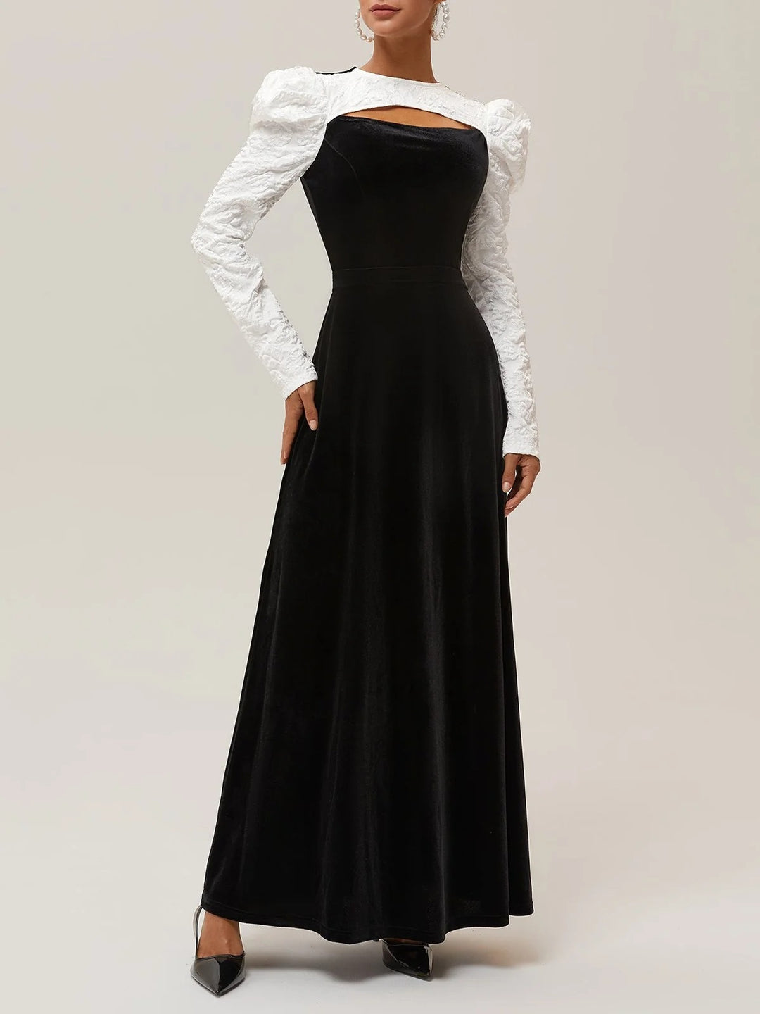 Classic Crew Neck Long Puff Sleeve A-Line Maxi Dress