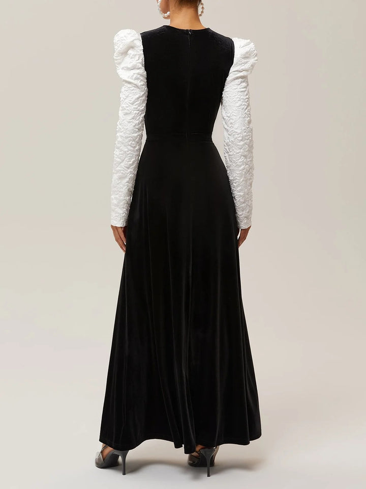 Classic Crew Neck Long Puff Sleeve A-Line Maxi Dress