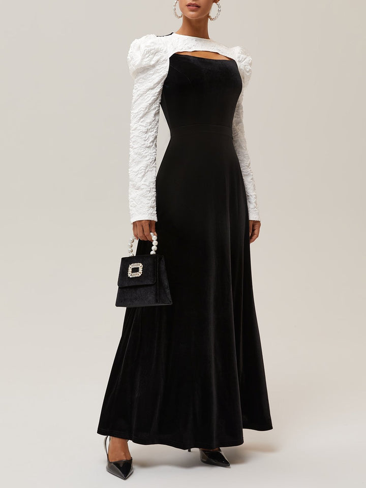 Classic Crew Neck Long Puff Sleeve A-Line Maxi Dress