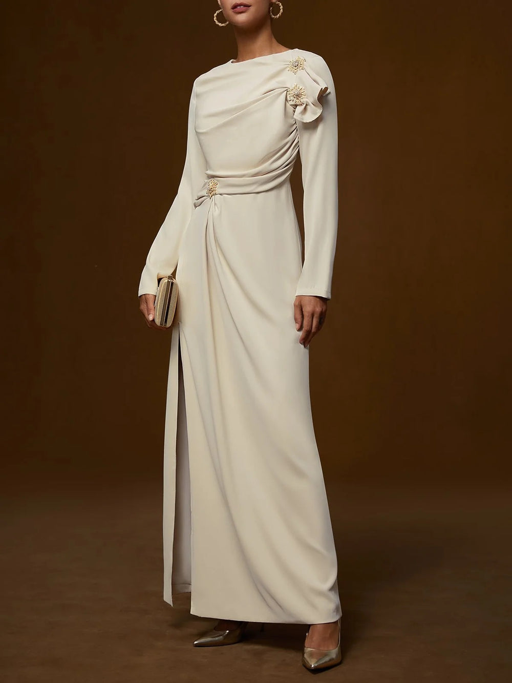 Elegant Ruched Long Sleeve Slit Shift Maxi Dress