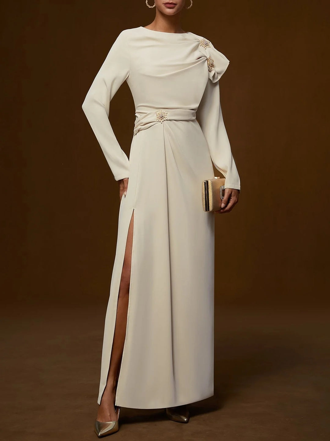 Elegant Ruched Long Sleeve Slit Shift Maxi Dress