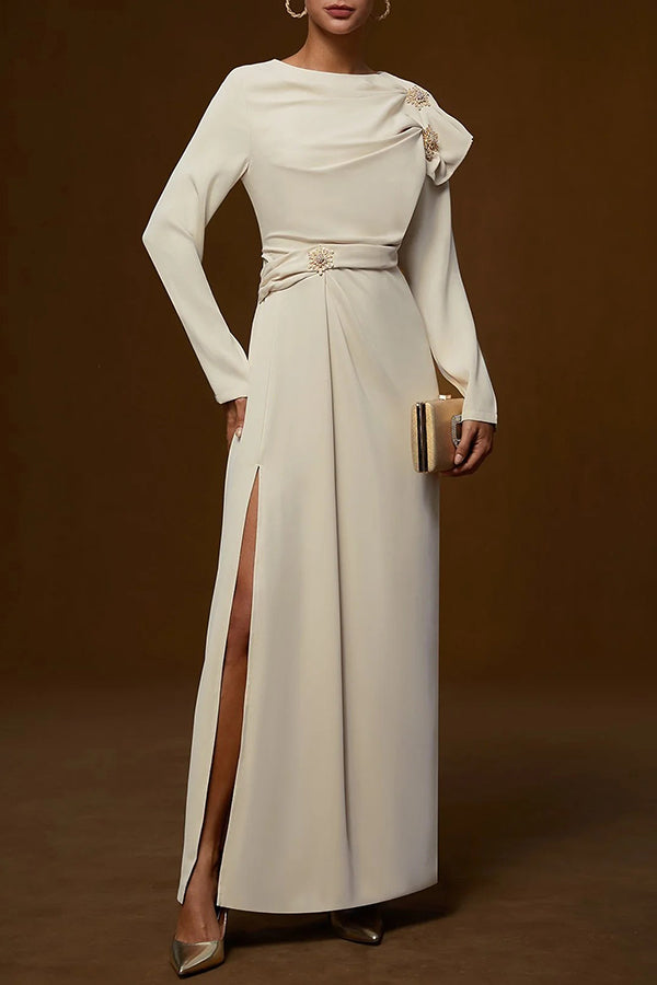 Elegant Ruched Long Sleeve Slit Shift Maxi Dress