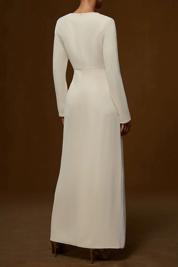 Elegant Ruched Long Sleeve Slit Shift Maxi Dress