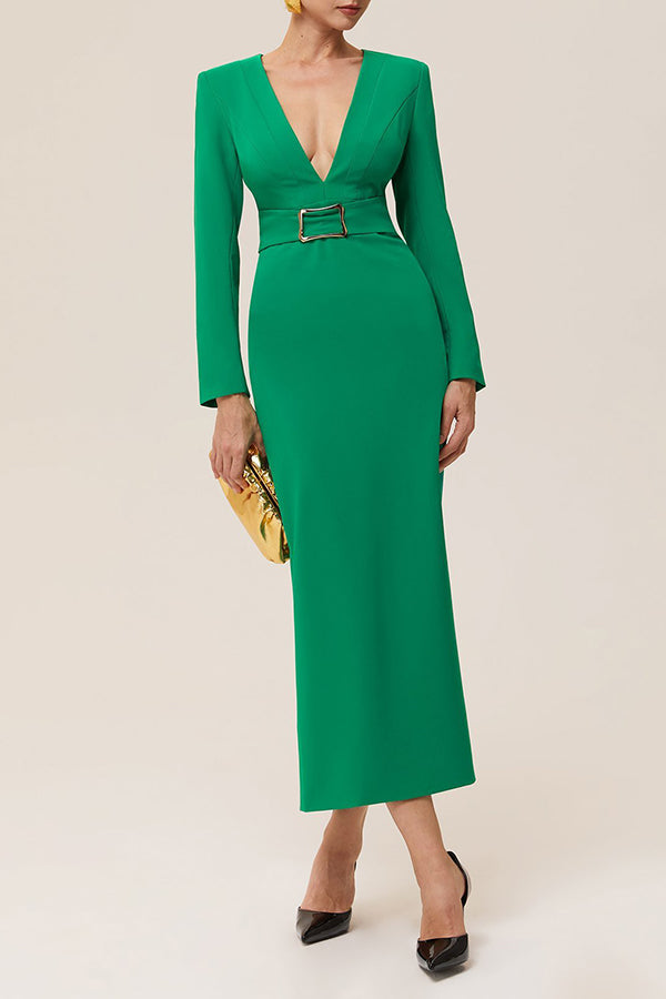 Elegant Waist Cinching V Neck Long Sleeve Dress