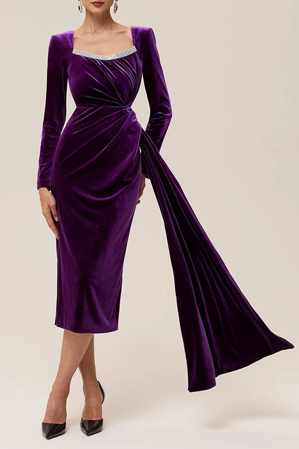 Elegant Luxurious Velvet Pleated Flutter Sleeve Dress