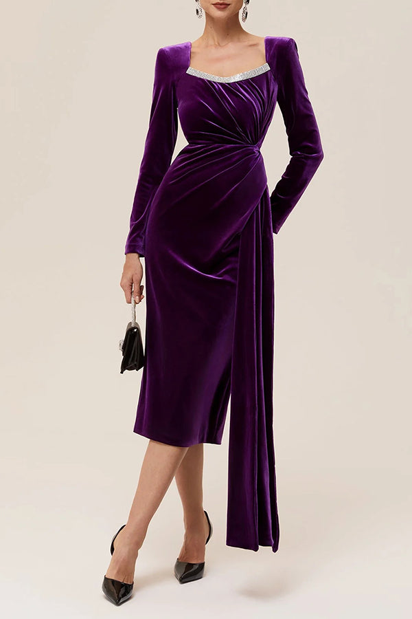 Elegant Luxurious Velvet Pleated Flutter Sleeve Dress