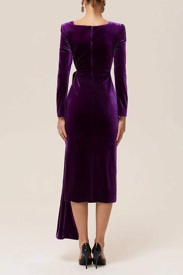 Elegant Luxurious Velvet Pleated Flutter Sleeve Dress