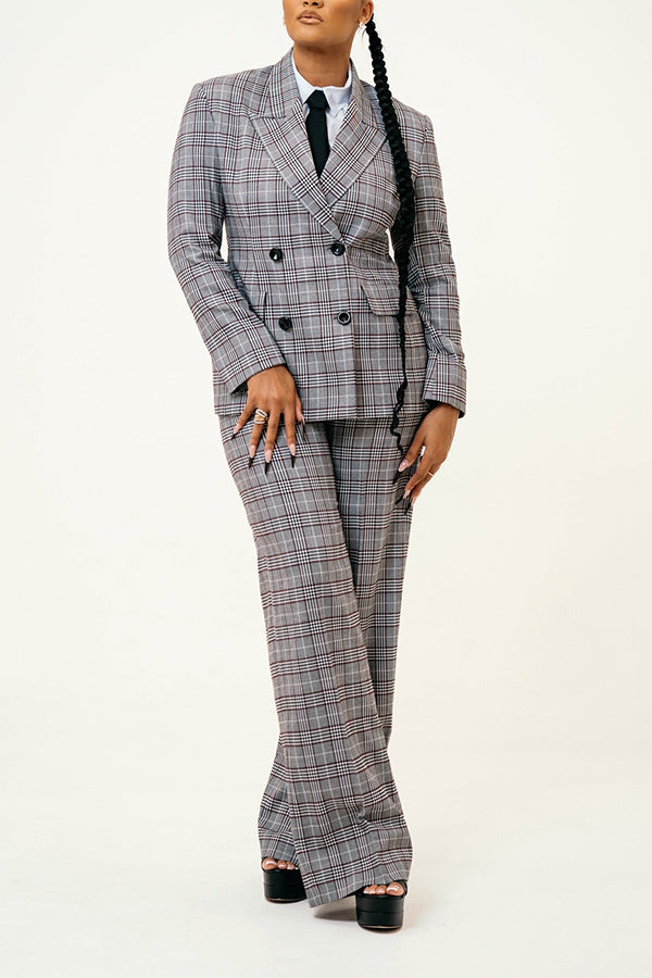 Stylish Plaid Peak Collar Blazer & Pants Set