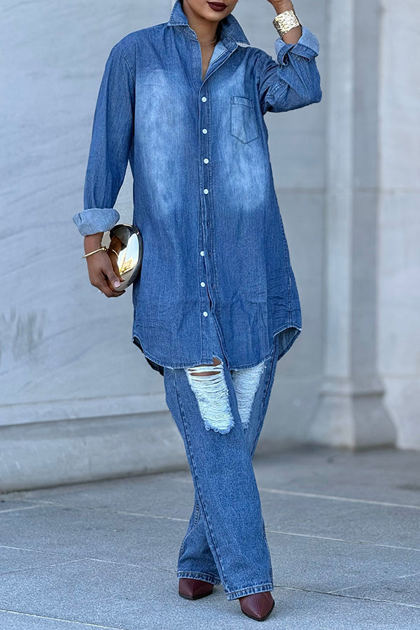 Casual Curved Hem Denim Shirt