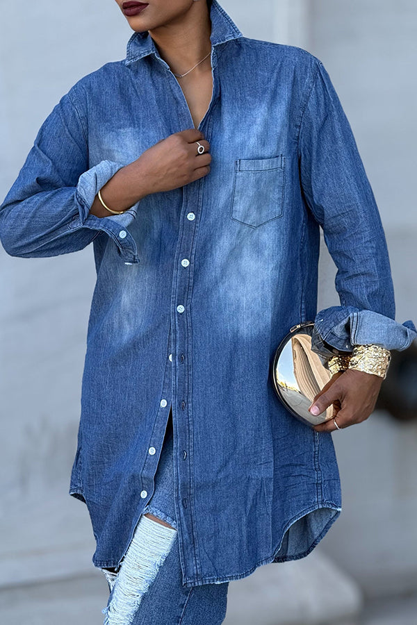 Casual Curved Hem Denim Shirt