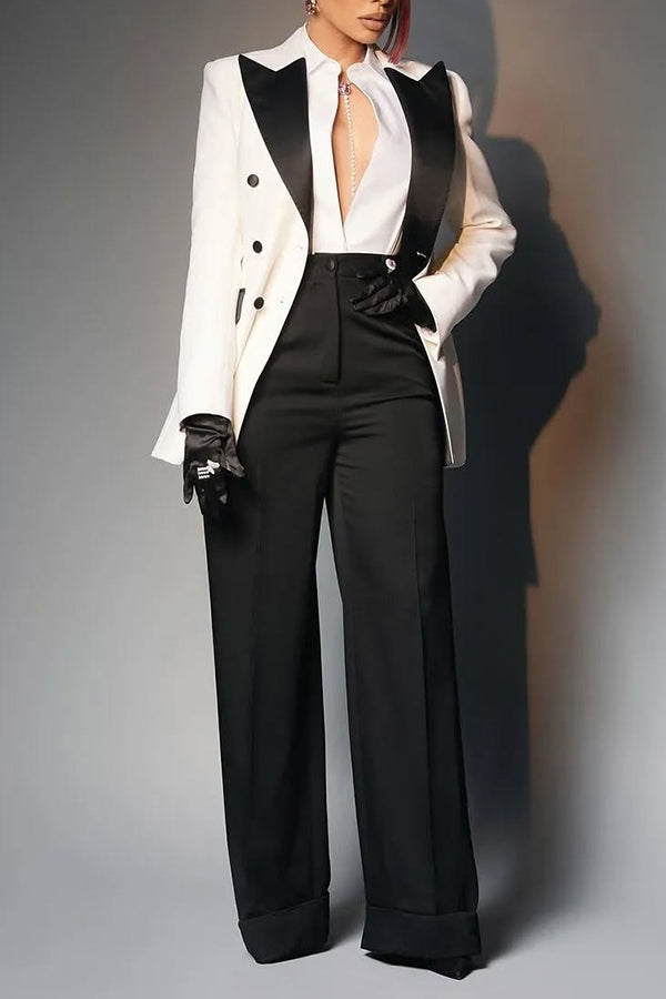  Color-block Lapel Blazer Jacket & High-waist Pants Set 