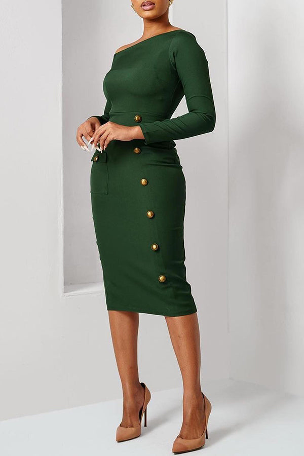 Elegant Zip Back Oblique Neck Midi Dress