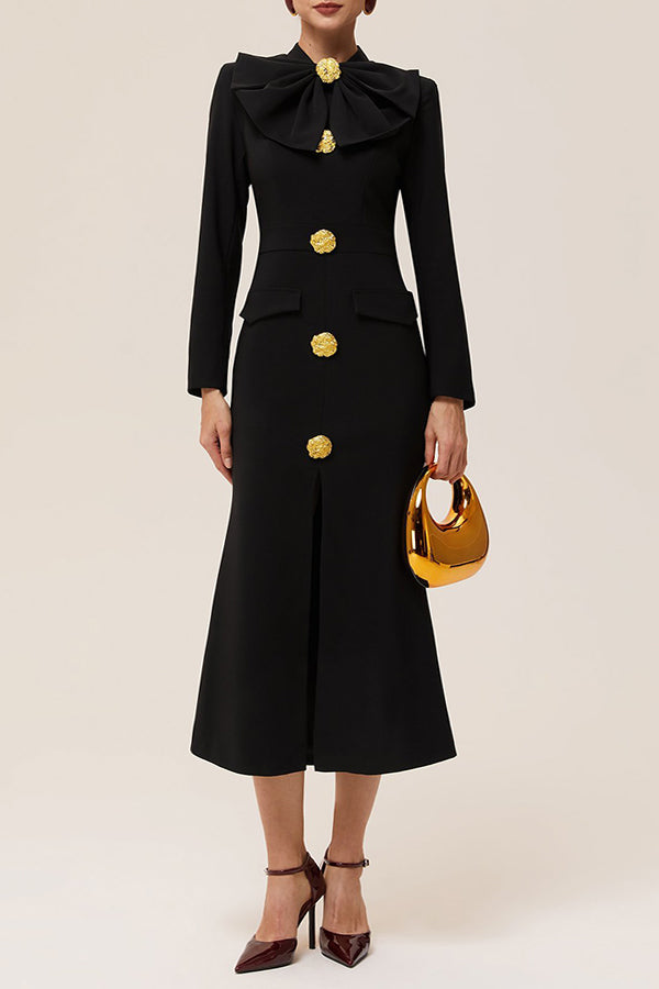 Chic Buckle Bow Long Sleeve Sheath Midi Dress