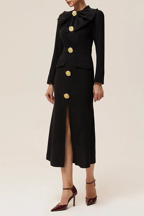 Chic Buckle Bow Long Sleeve Sheath Midi Dress