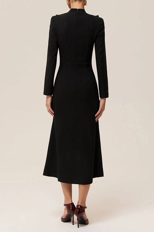 Chic Buckle Bow Long Sleeve Sheath Midi Dress