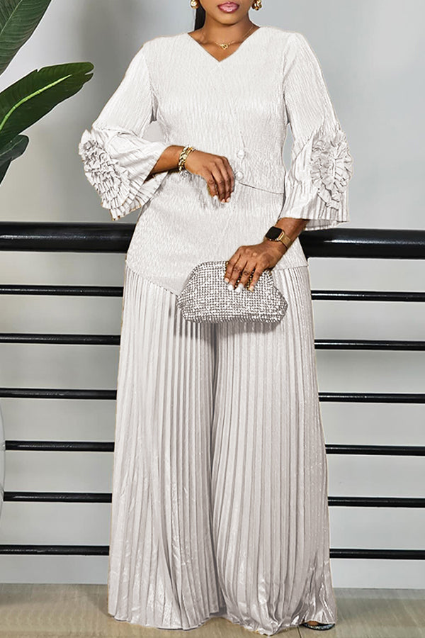 Luxurious Trumpet Sleeve Top & Pleated Pants Set