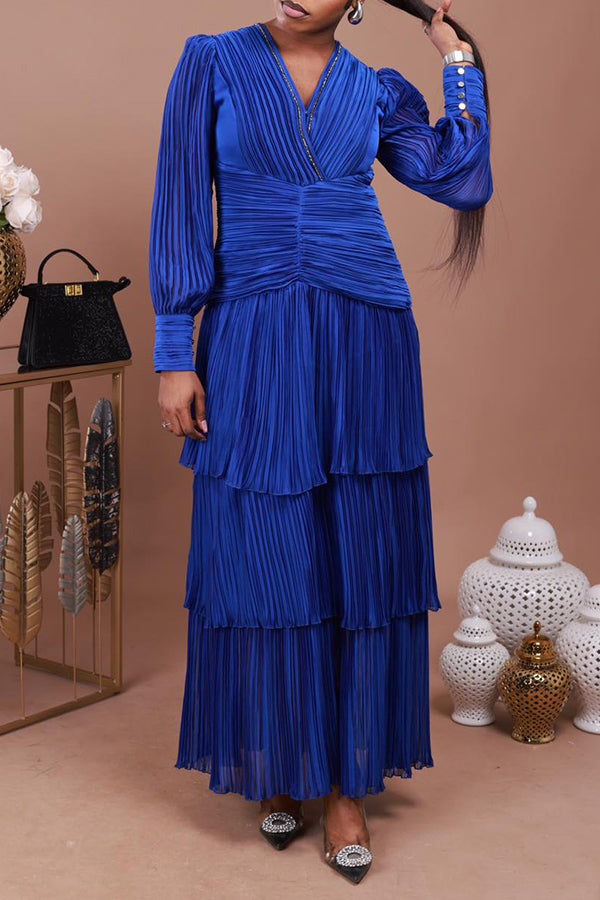 Chic Lantern Sleeve Pleated Surplice Neck Dress