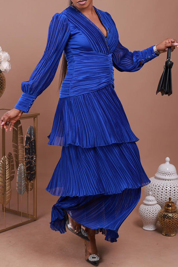 Chic Lantern Sleeve Pleated Surplice Neck Dress